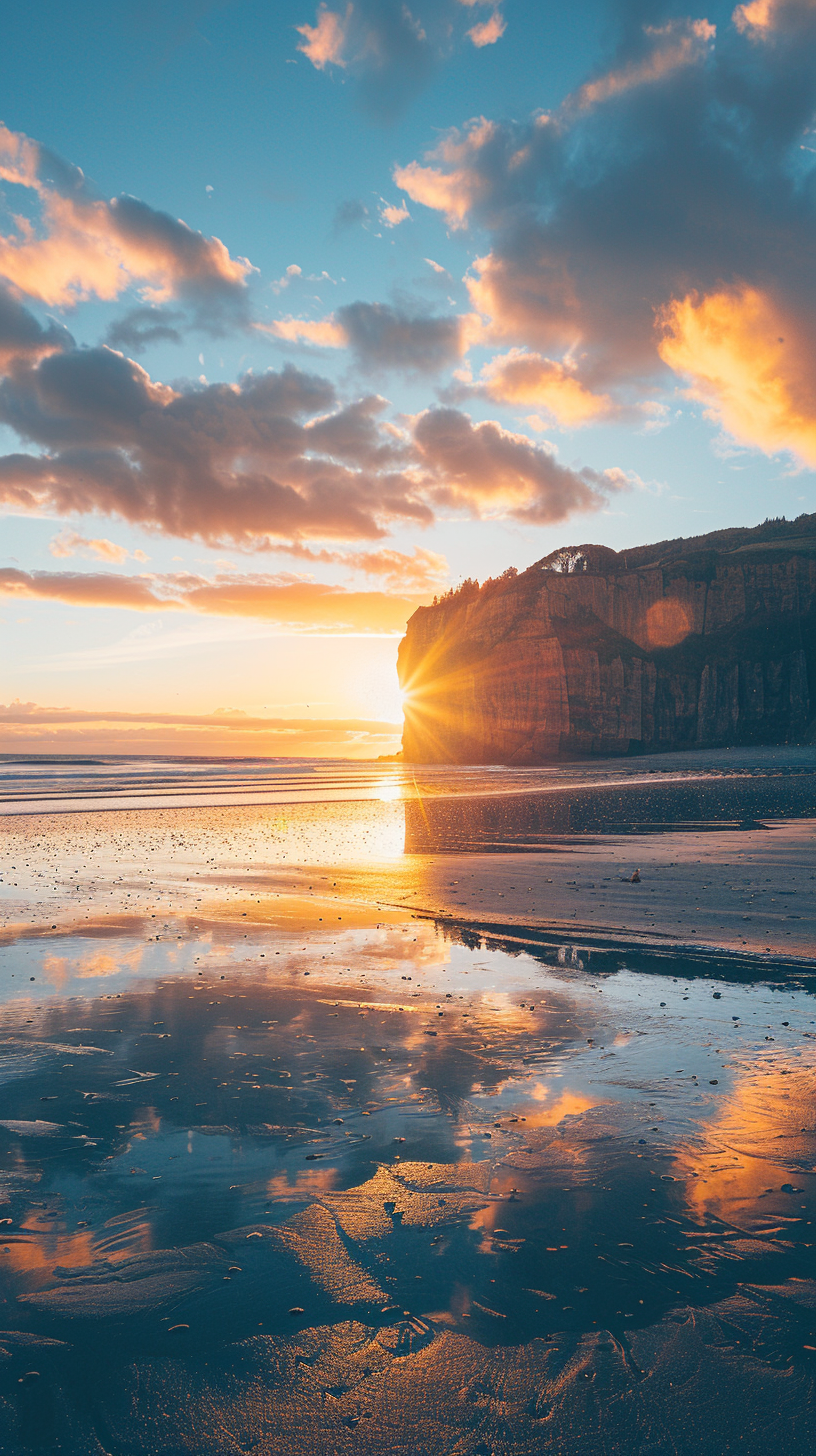 The sun shines on the sky, the sea of clouds gradually changes color, the cliffs are green and the beaches are beautiful.