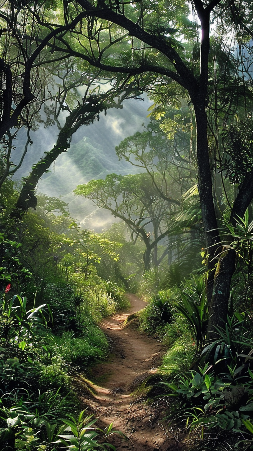 The forest path zigzagged forward, the green shade was thick, the distant mountain was looming, quiet and deep.