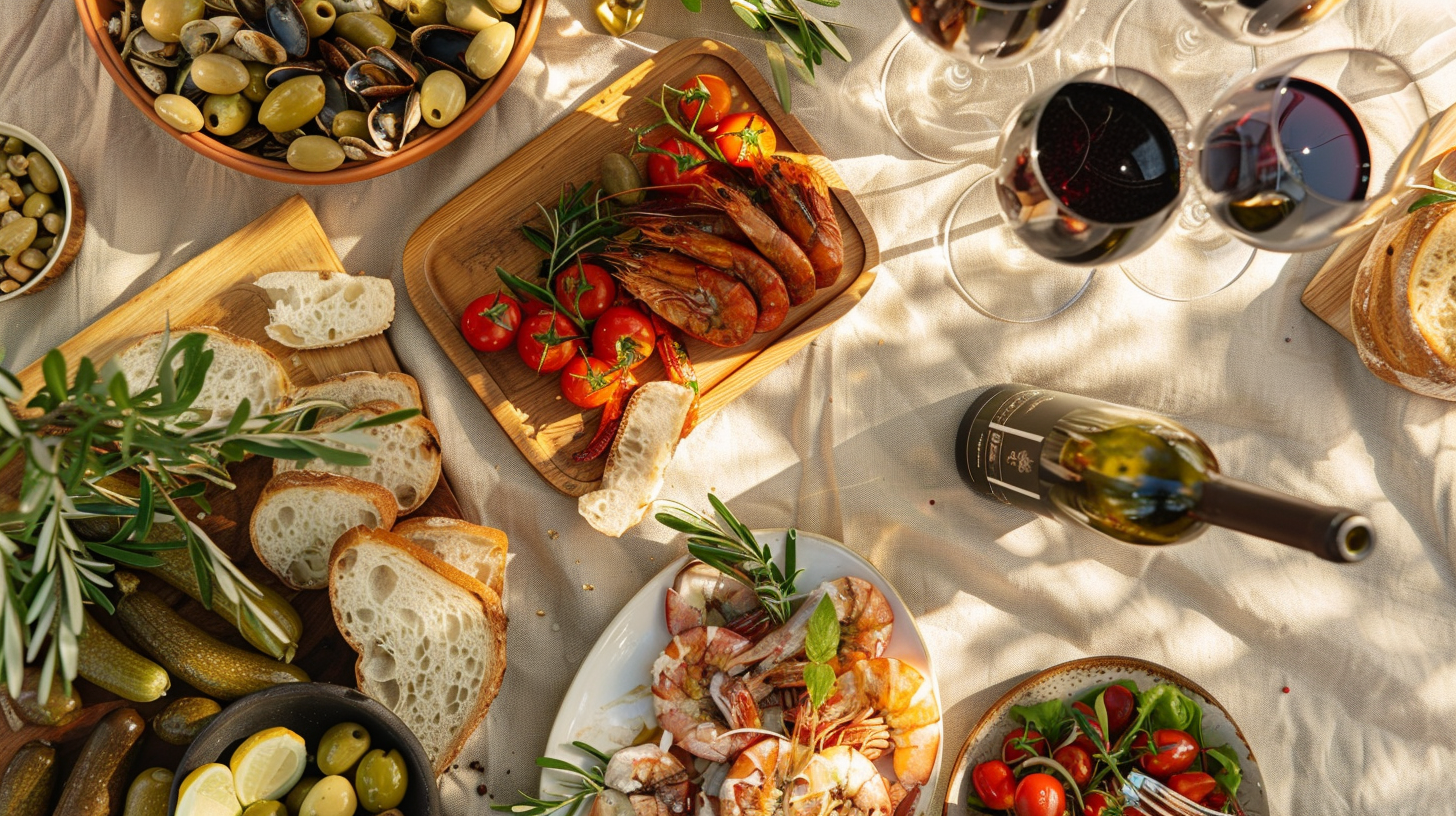 The food is varied, the wine is accompanied by the sun, and the atmosphere is peaceful and cozy.