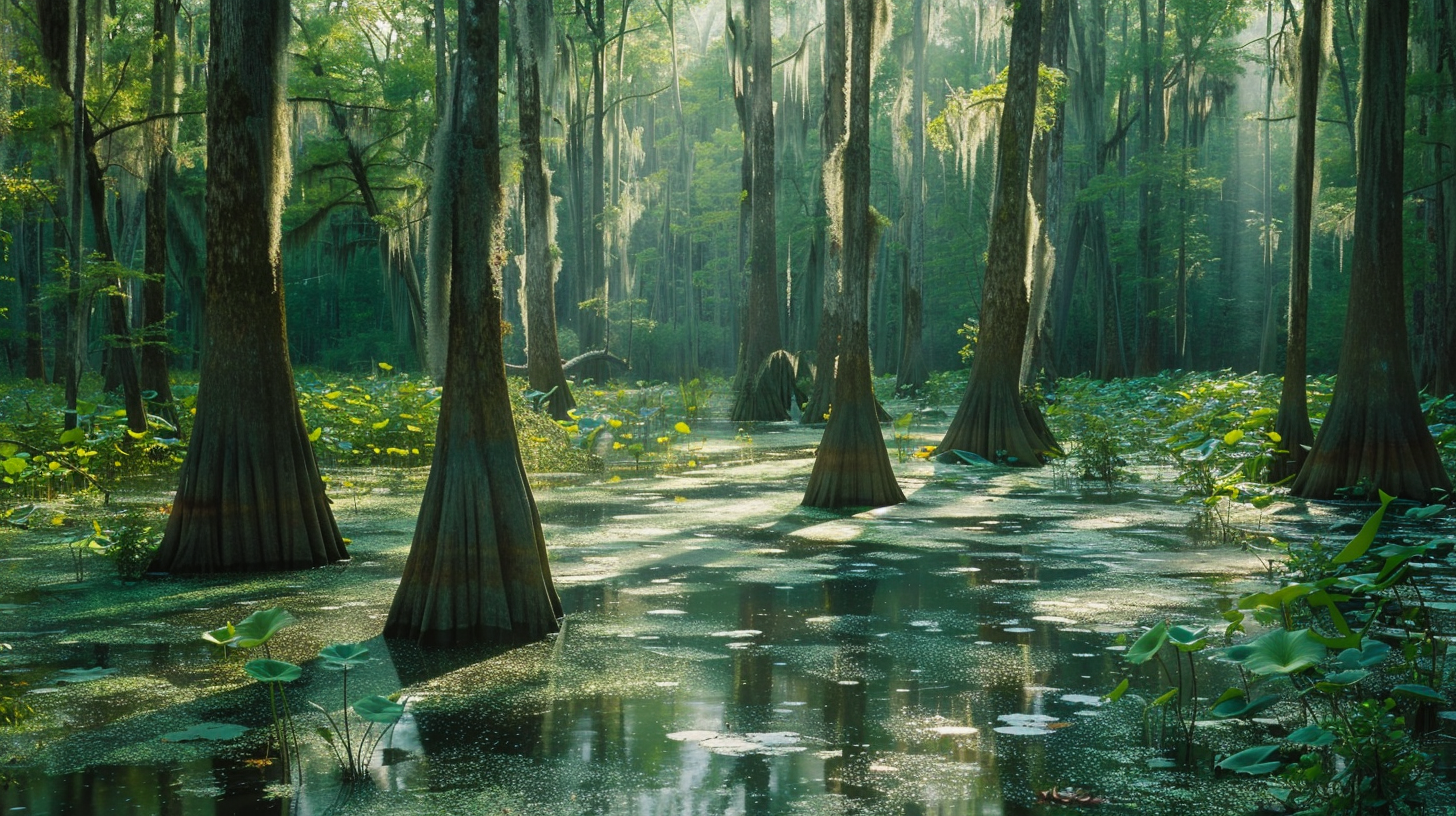 The forest is thick, the trees are tall and straight, the sun is dappled, the green is abundant, and the peace is mysterious.