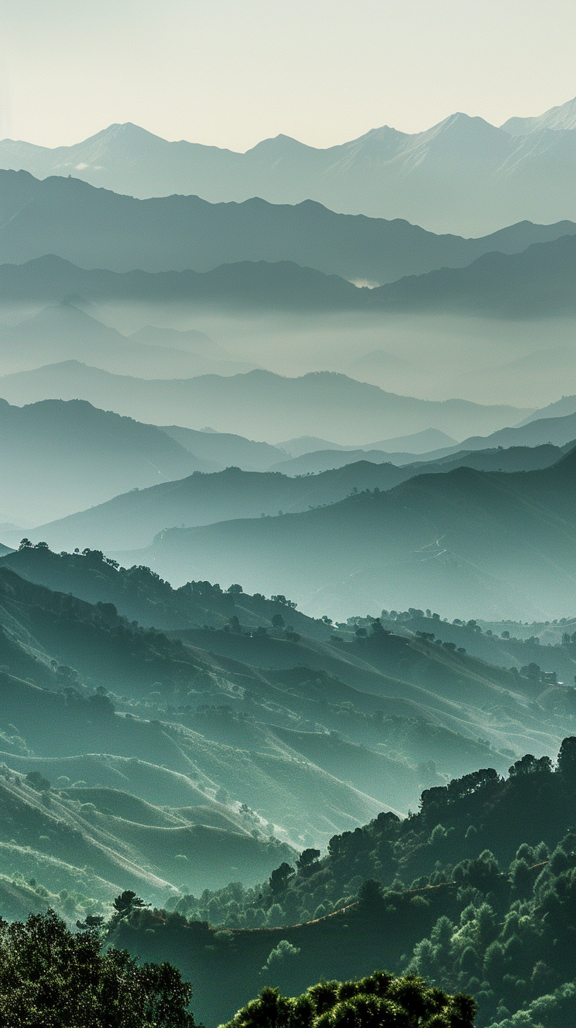 The hills are green, the blues are mysterious, the mist is hazy.