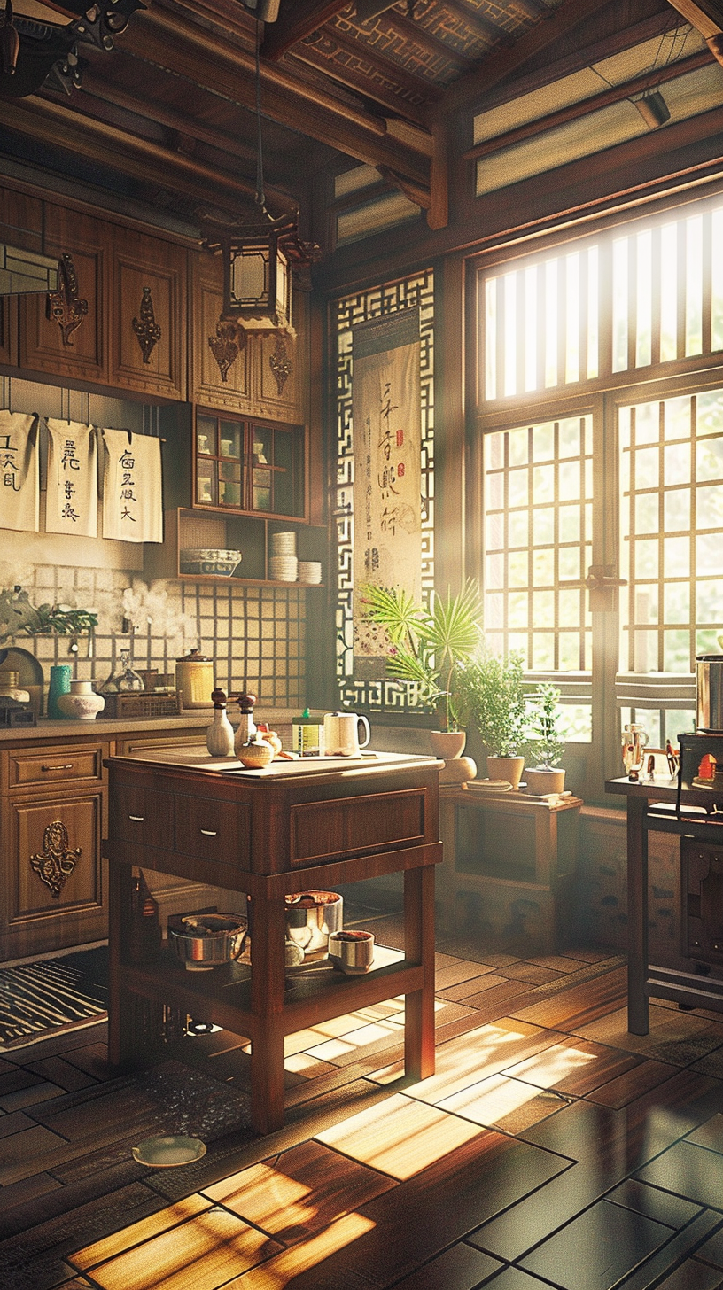 The kitchen is quaint, the tableware is neat, the green plants add vitality, the scenery outside the window is good, warm and cozy room.