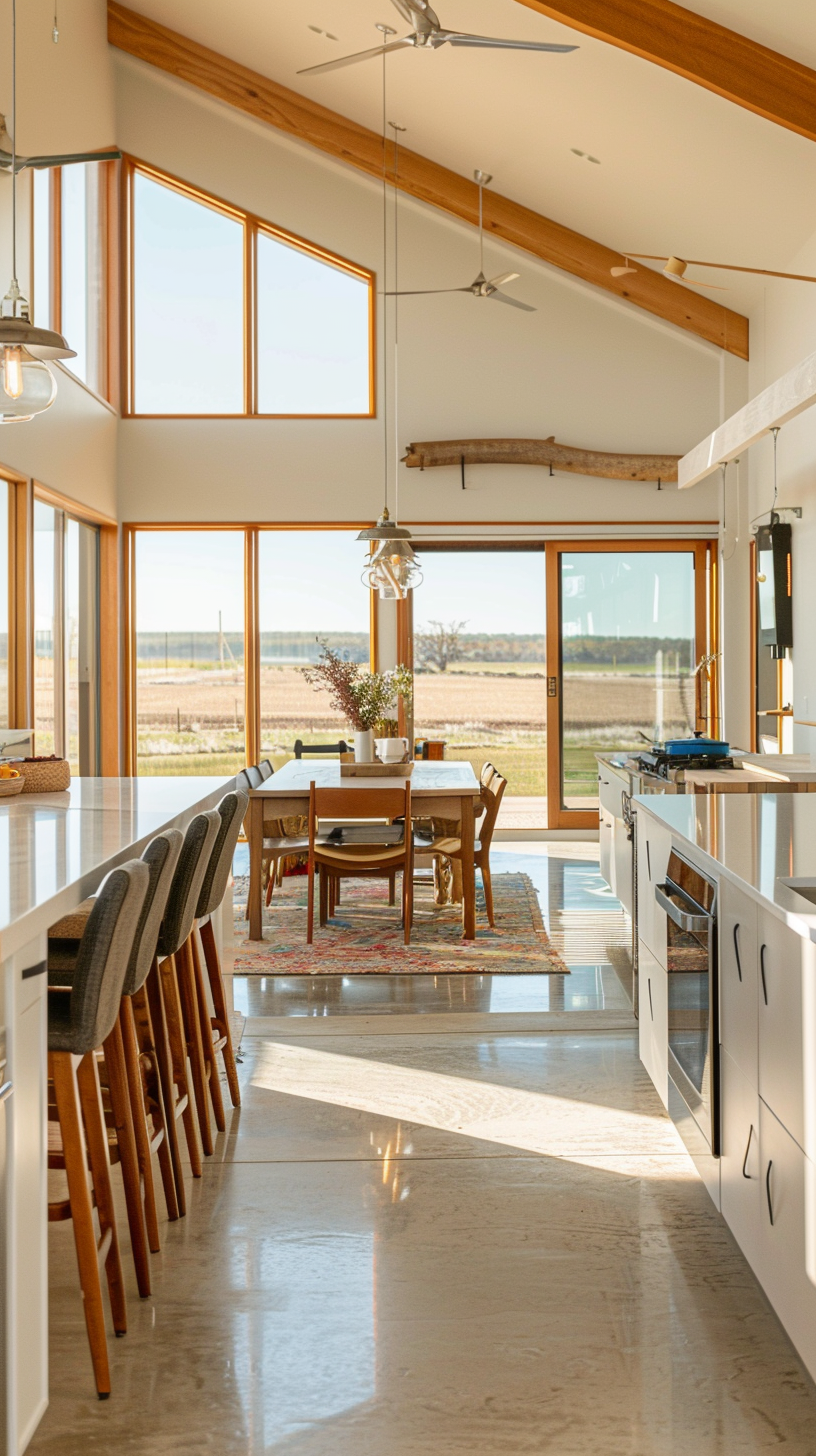 The kitchen dining space is open and bright, the fields are far into the eye, and the modern comfort is fully displayed.
