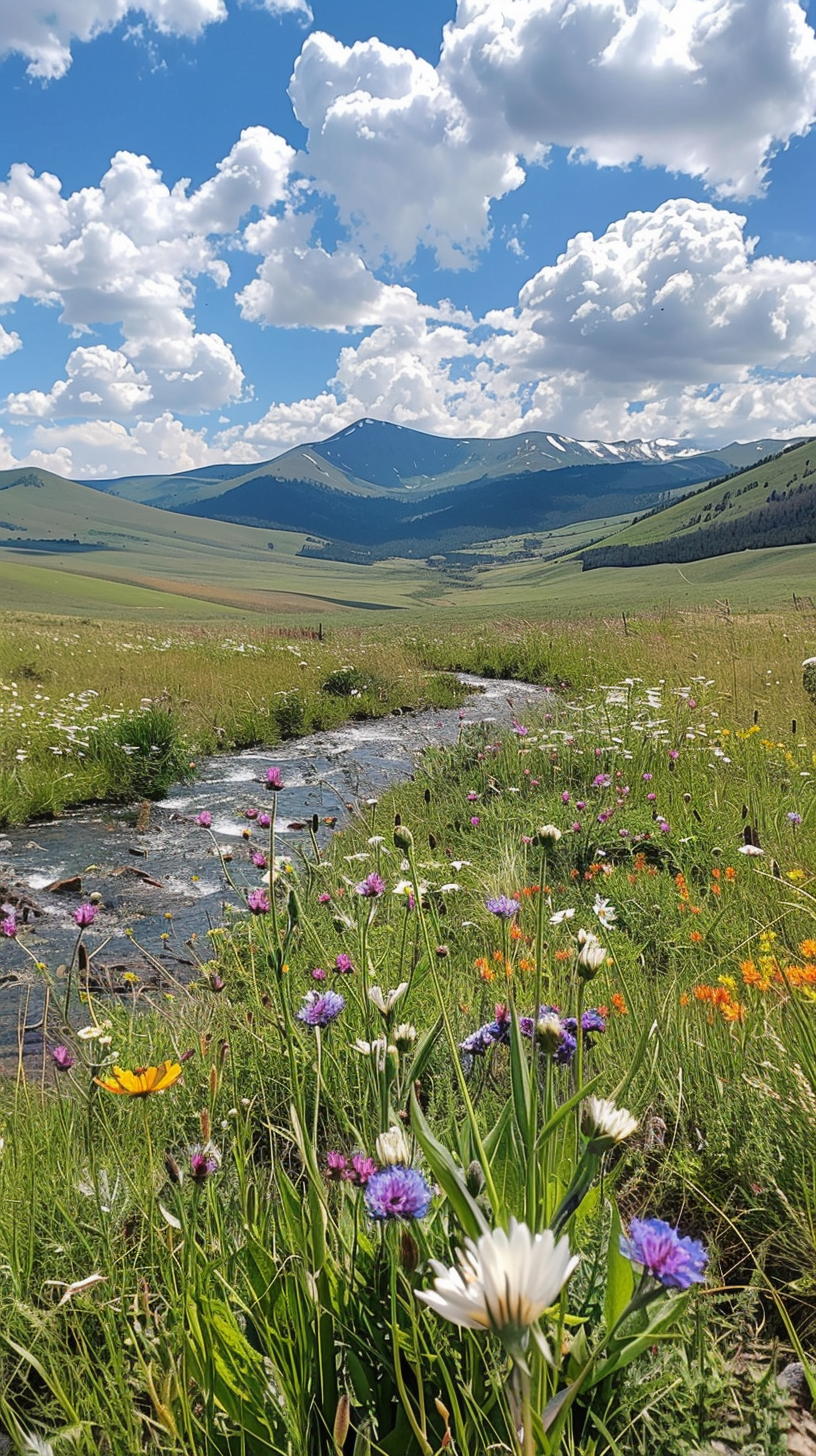 The green grass is like a riot of flowers, the brook is murmuring in the green mountains, and the blue sky is white clouds.