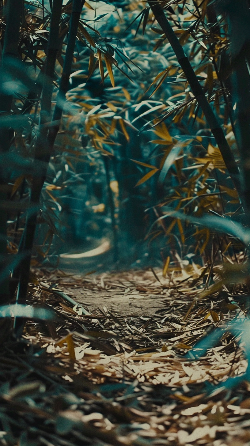 The path lies between the bamboo forest, the sun dappled the green, the atmosphere is quiet and peaceful.