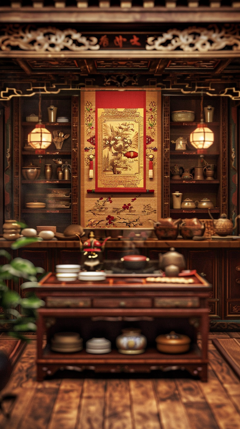 Wooden tea table, hanging wood carvings reflecting window flowers, green plants embellished add elegant.