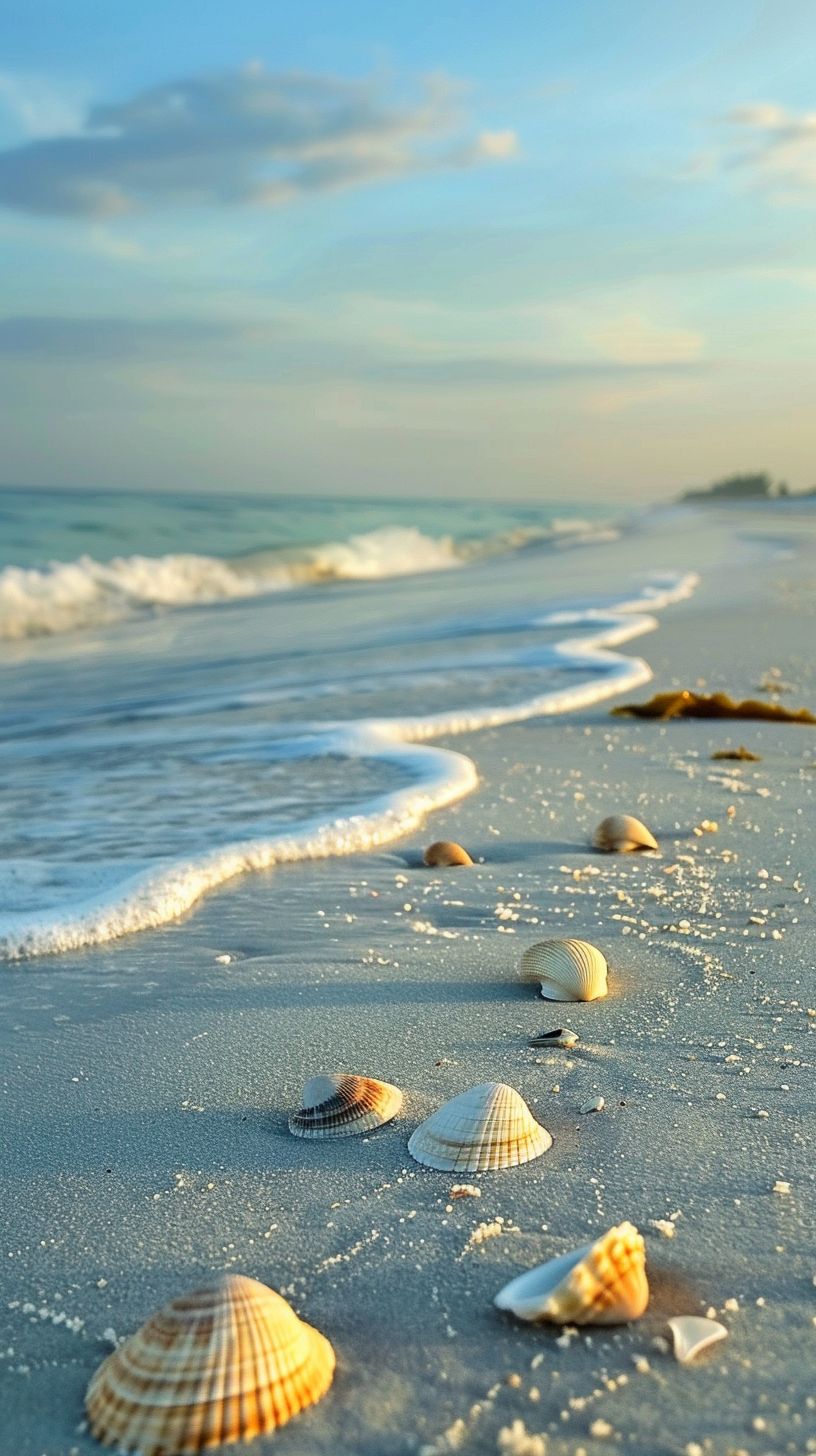 The beach is dotted with shells, the waves caress the shore, the sky is light and the wind is light, and the scenery is peaceful and beautiful.