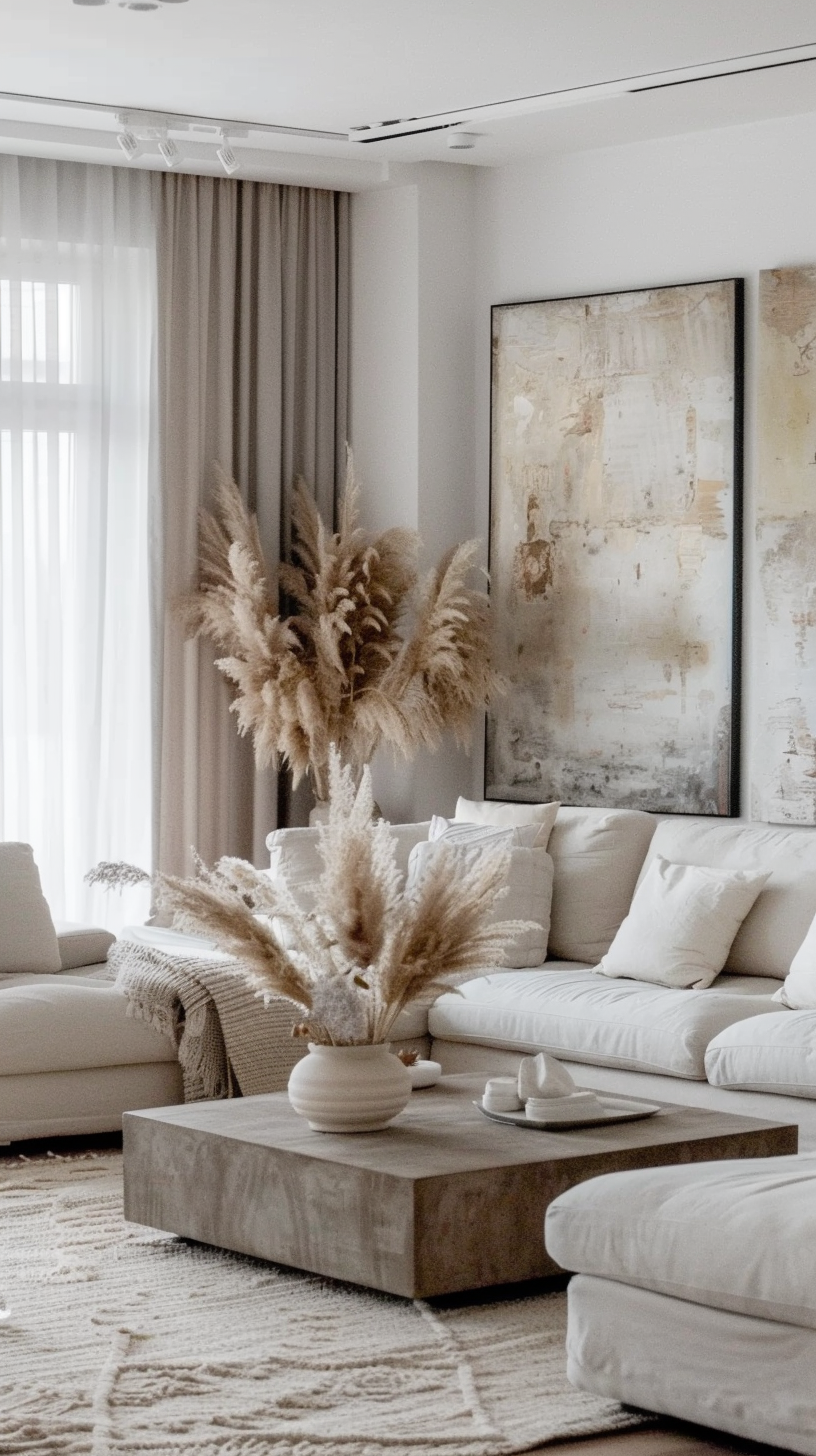 Modern living room, simple and bright, art paintings to create a warm atmosphere.