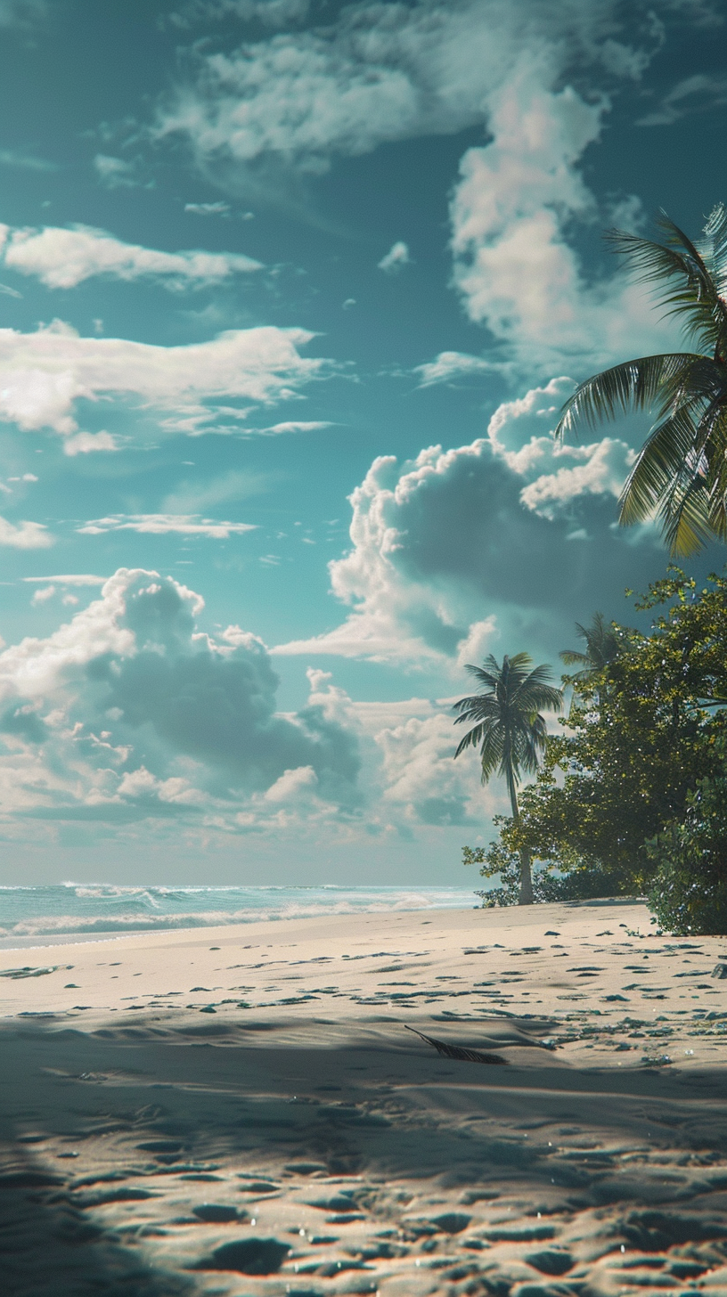 The waves touch the sand, the blue sky is set against the clouds, the palm is swaying, and the beach is beautiful.