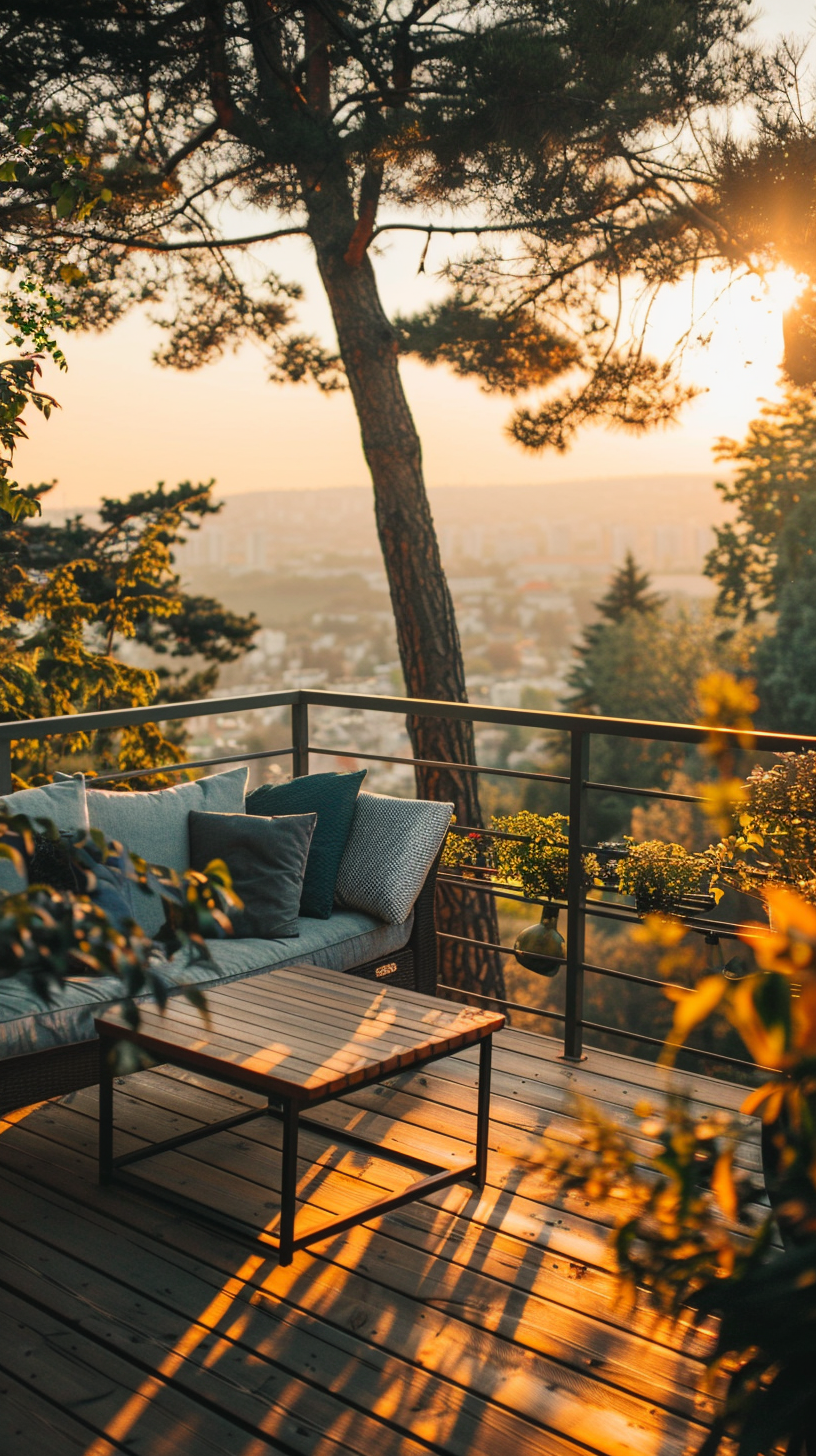 The balcony is quiet, tables and chairs are simple, surrounded by green, overlooking the city, the sun falls, and harmonious coexistence.