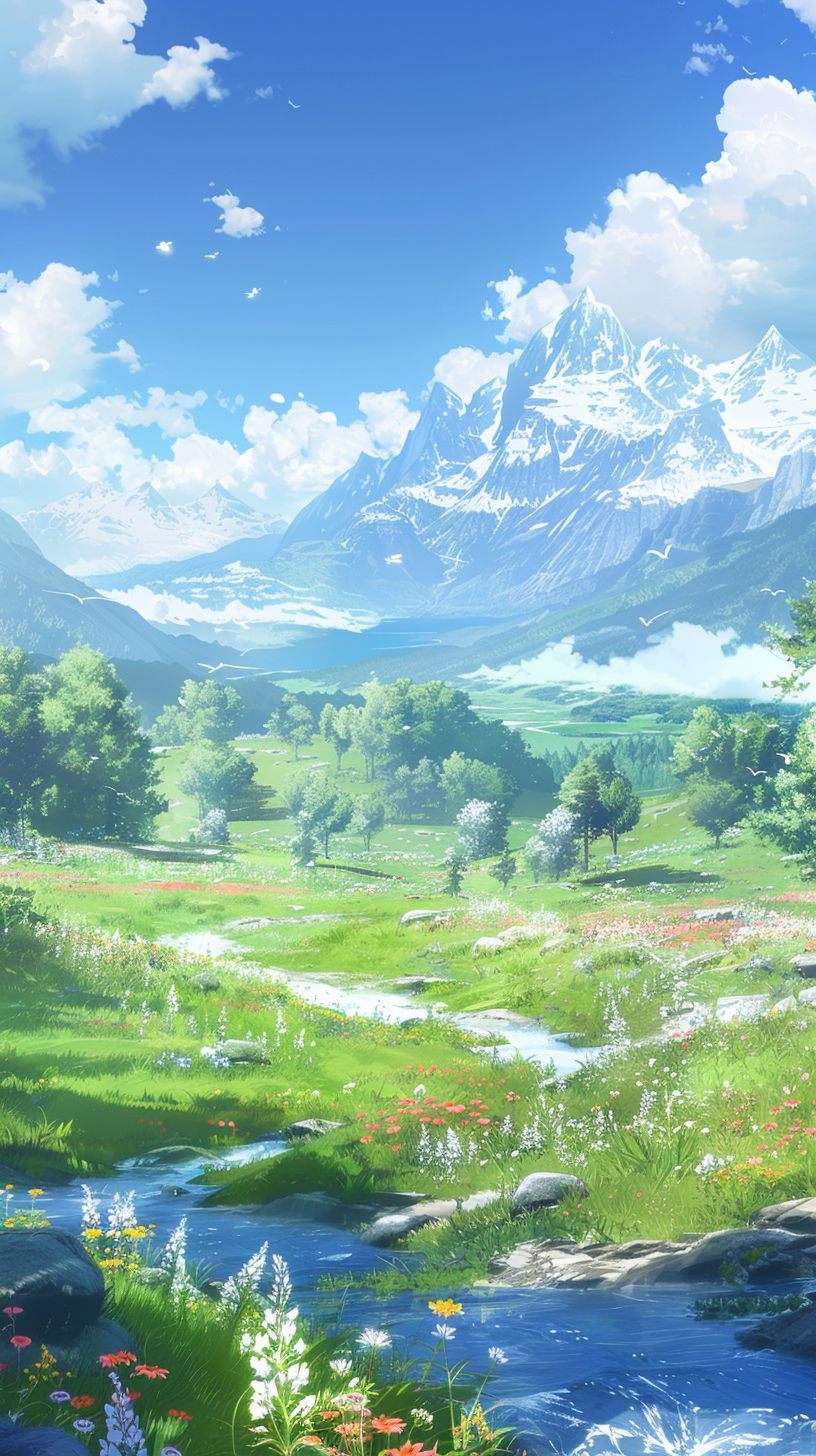 Summer afternoon sunshine, gurgling streams in the green fields, snow mountains stand still blue sky, quiet and picturesque.
