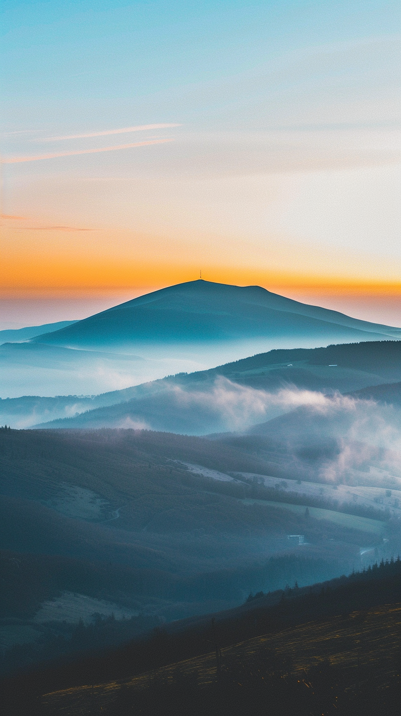 Clouds linger on the mountain tops, clouds linger in the valleys, and the sky is beautiful at sunrise.