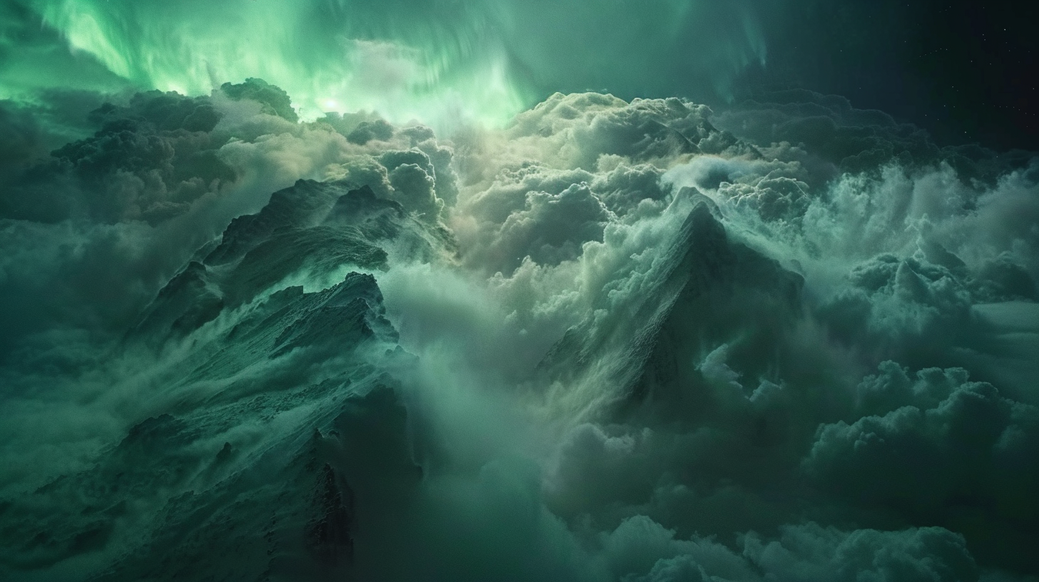 The sea of clouds is rolling, the stars are shining, the green aurora is shining in the night sky, and the mystery is quiet.