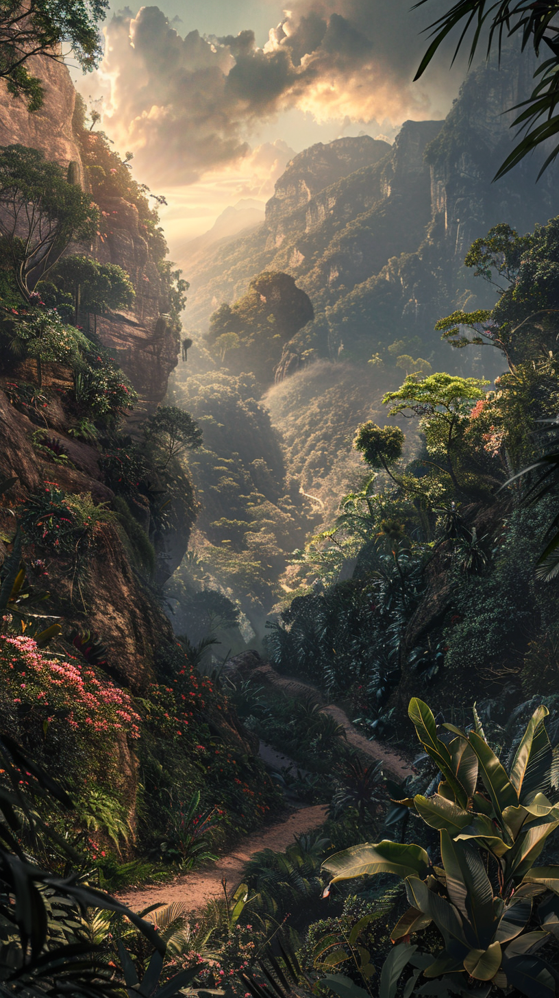 Green trees cover the path, bonuses dotted with vitality, clouds around the distant mountains, the mystery of the rainforest.