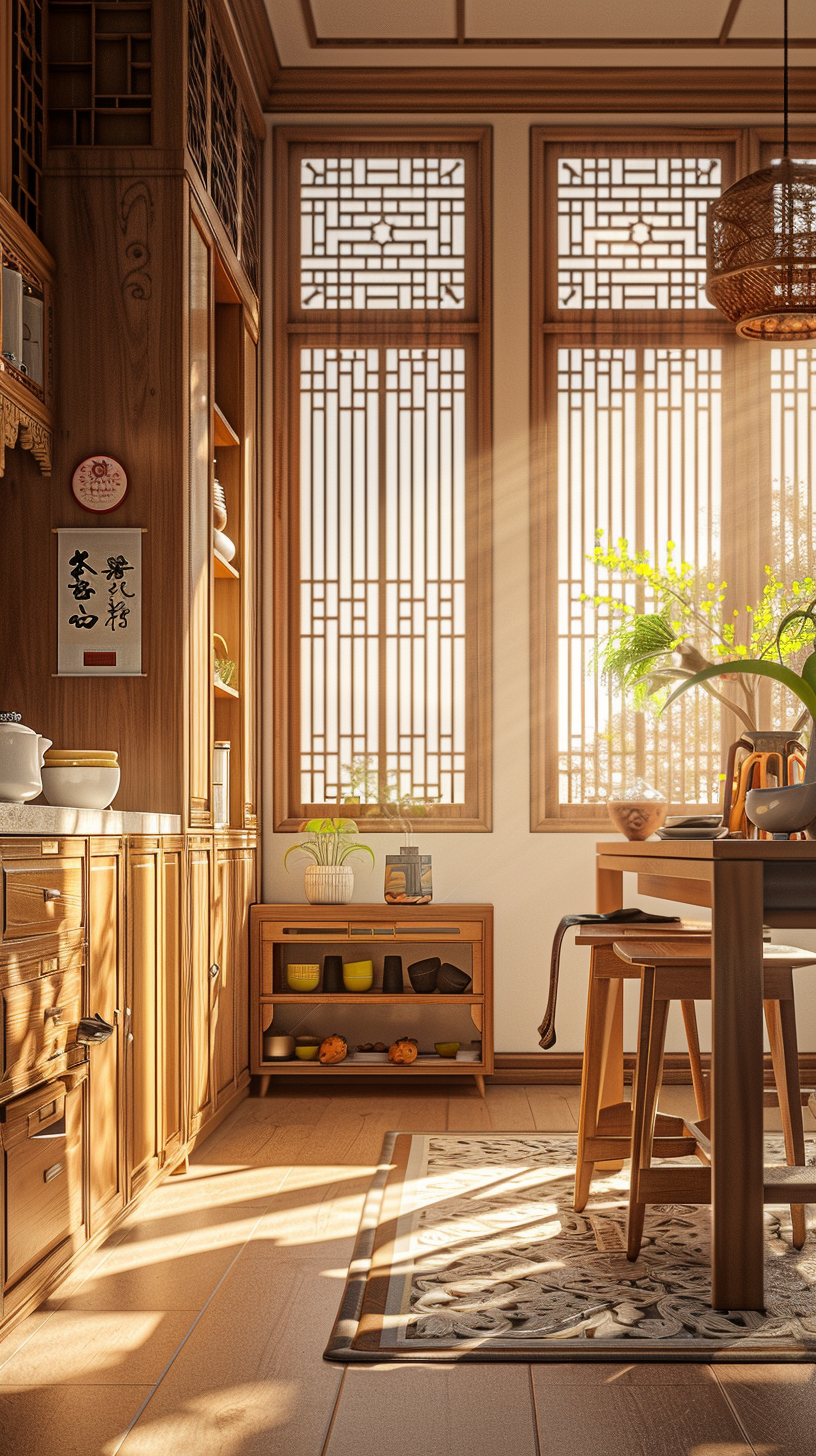 The sun-filled wooden interior, the Chinese window lattice light, green plants, calligraphy add elegant, quiet and harmonious.