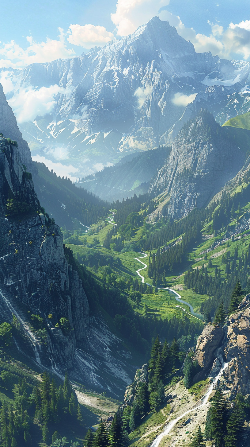 Early morning light, green mountains such as Dai, snow roof clouds floating, quiet forest, light and shadow mottled.