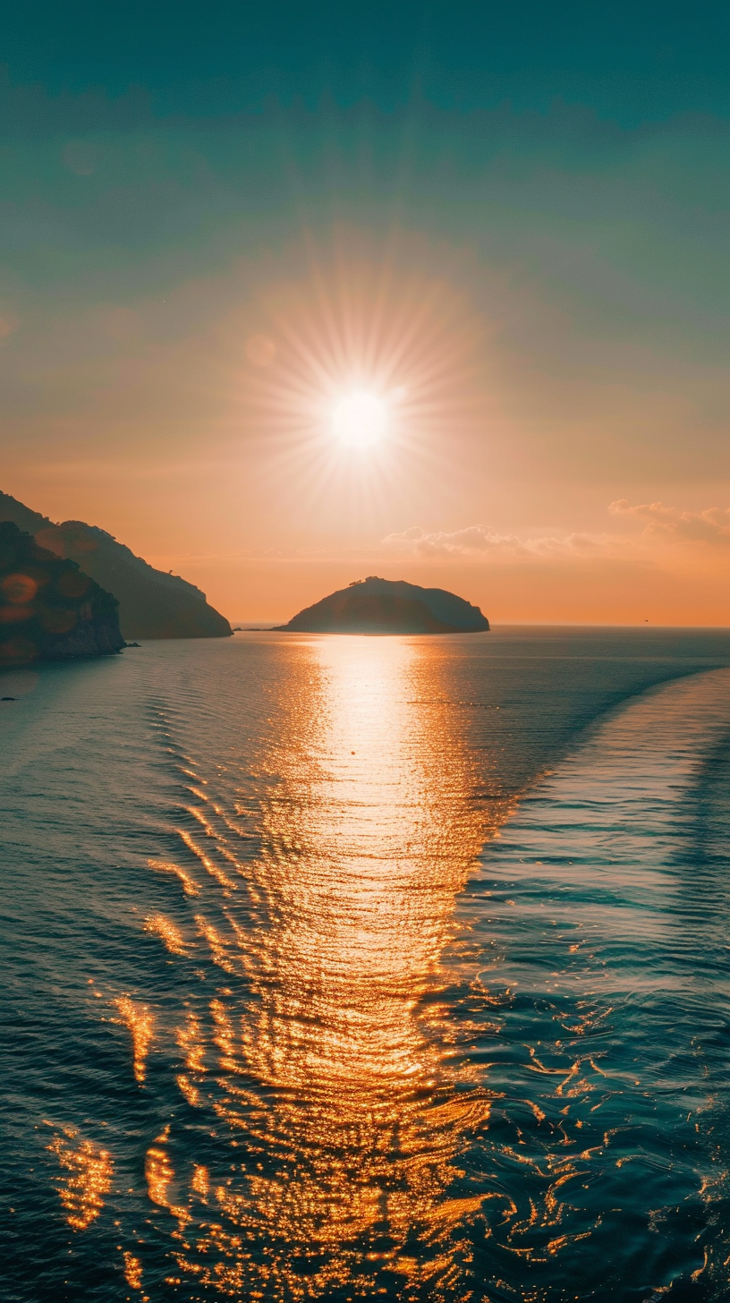The sky turns orange and blue at sunset, and the waves of the sea reflect the distant mountains.