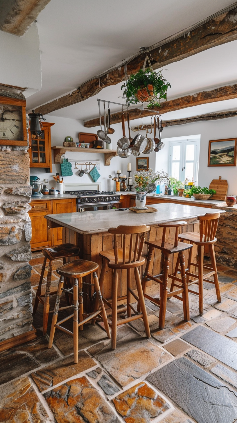Retro kitchen, wooden cabinets hanging POTS, stone table tableware, warm natural scenery.