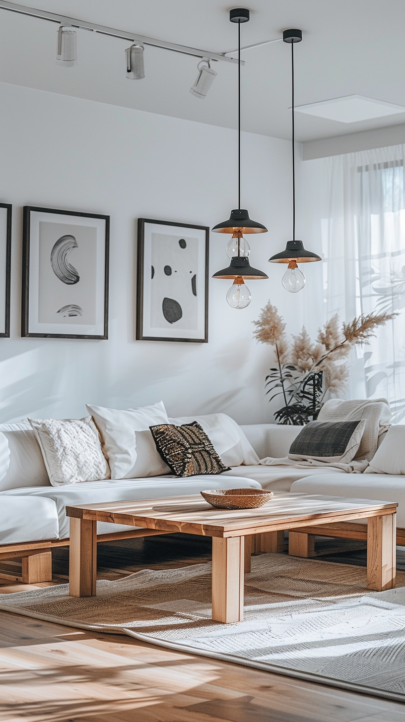 Simple and bright modern living room with comfortable sofas and decorations, soft light to create a warm atmosphere.