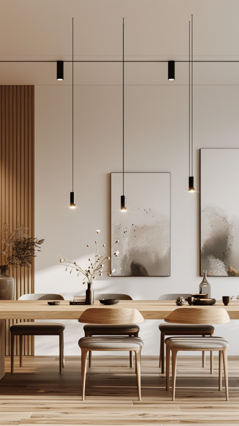 Simple modern room, wooden dining table and black lights set off, art paintings adorn the walls.