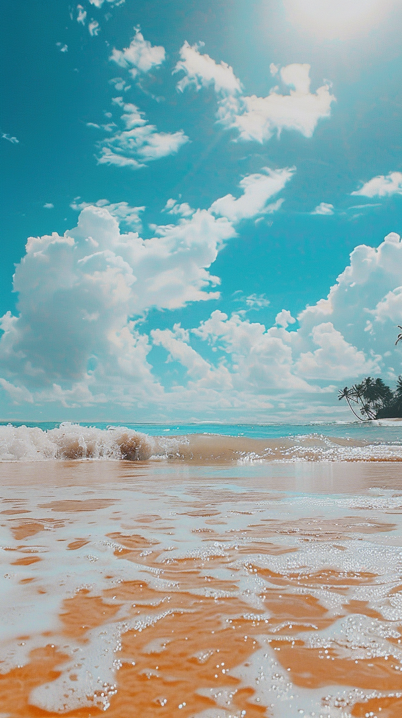 The sun is falling, the waves are patting, the blue sky and white clouds, the beach is golden, quiet and beautiful.