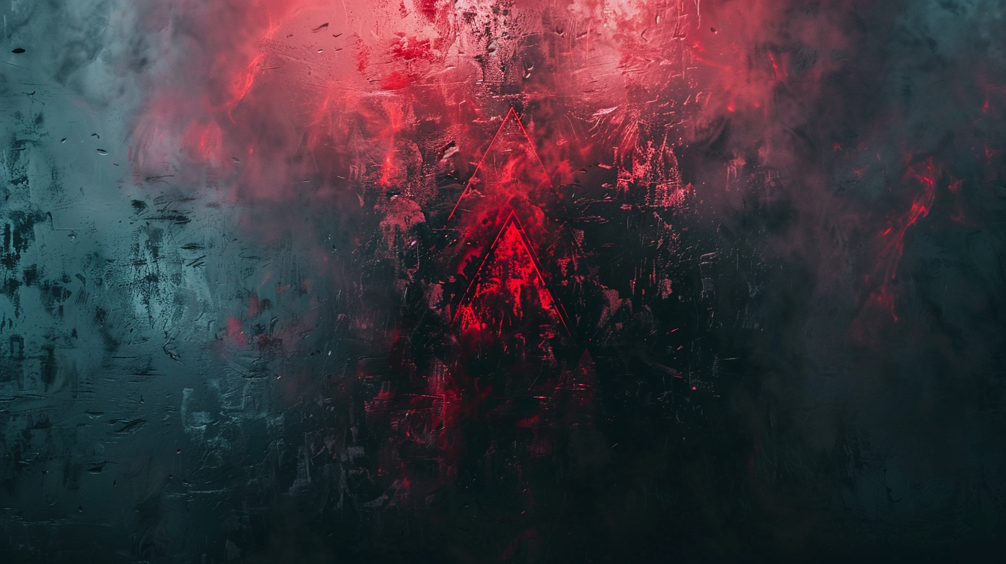 Mysterious triangle light and shadow interwoven, red and blue glow hazy surreal.