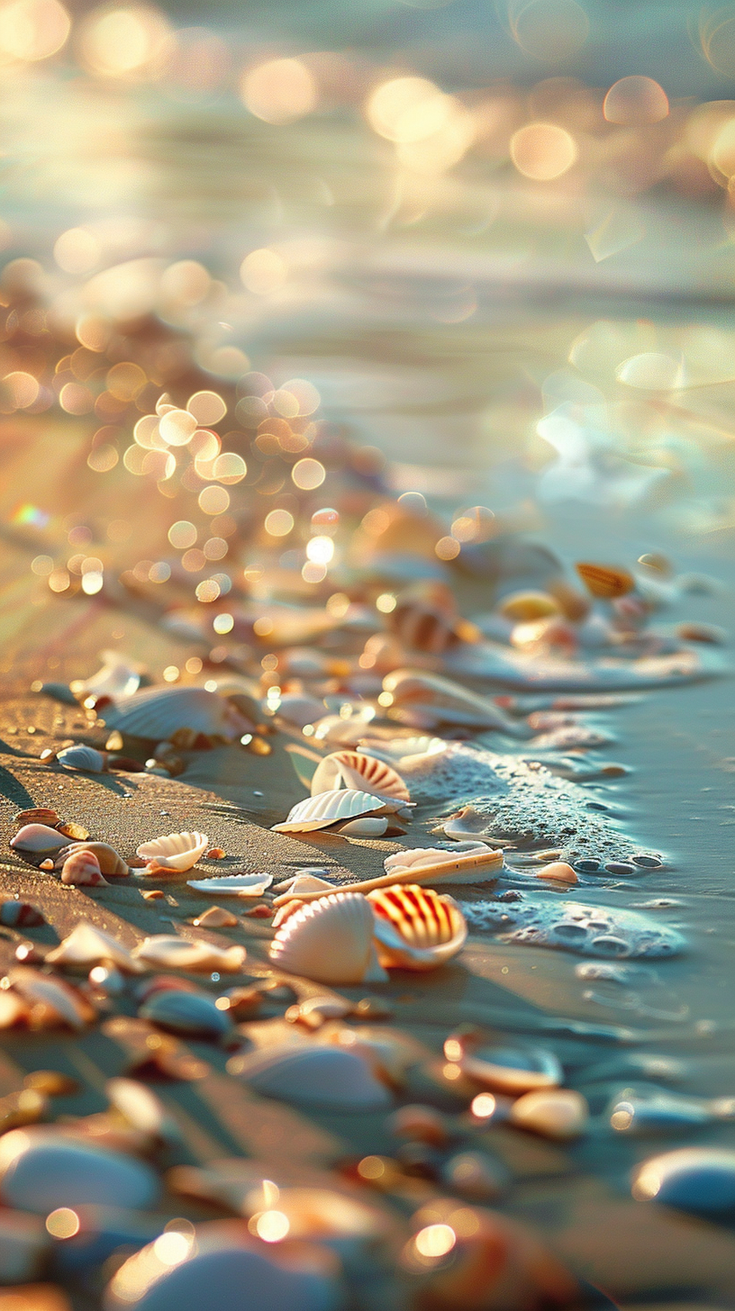 The beach is quiet, the shells are colorful, the golden water is sparkling, you can see the beauty of nature.