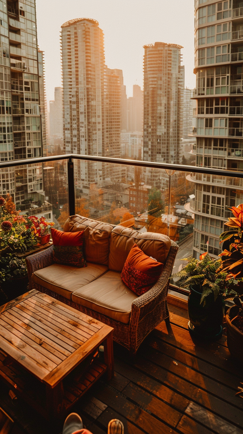 Green plants adorn the balconies, tall buildings stand in the distance, the sun is warm and the atmosphere is quiet and comfortable.