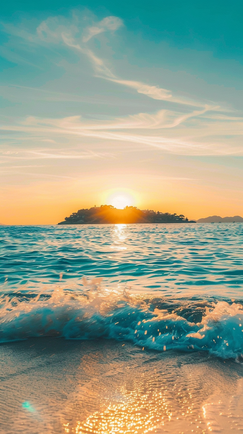 At sunset, the sea and sky are the same color, and the island stands still, sparkling, and the scenery is peaceful and peaceful.