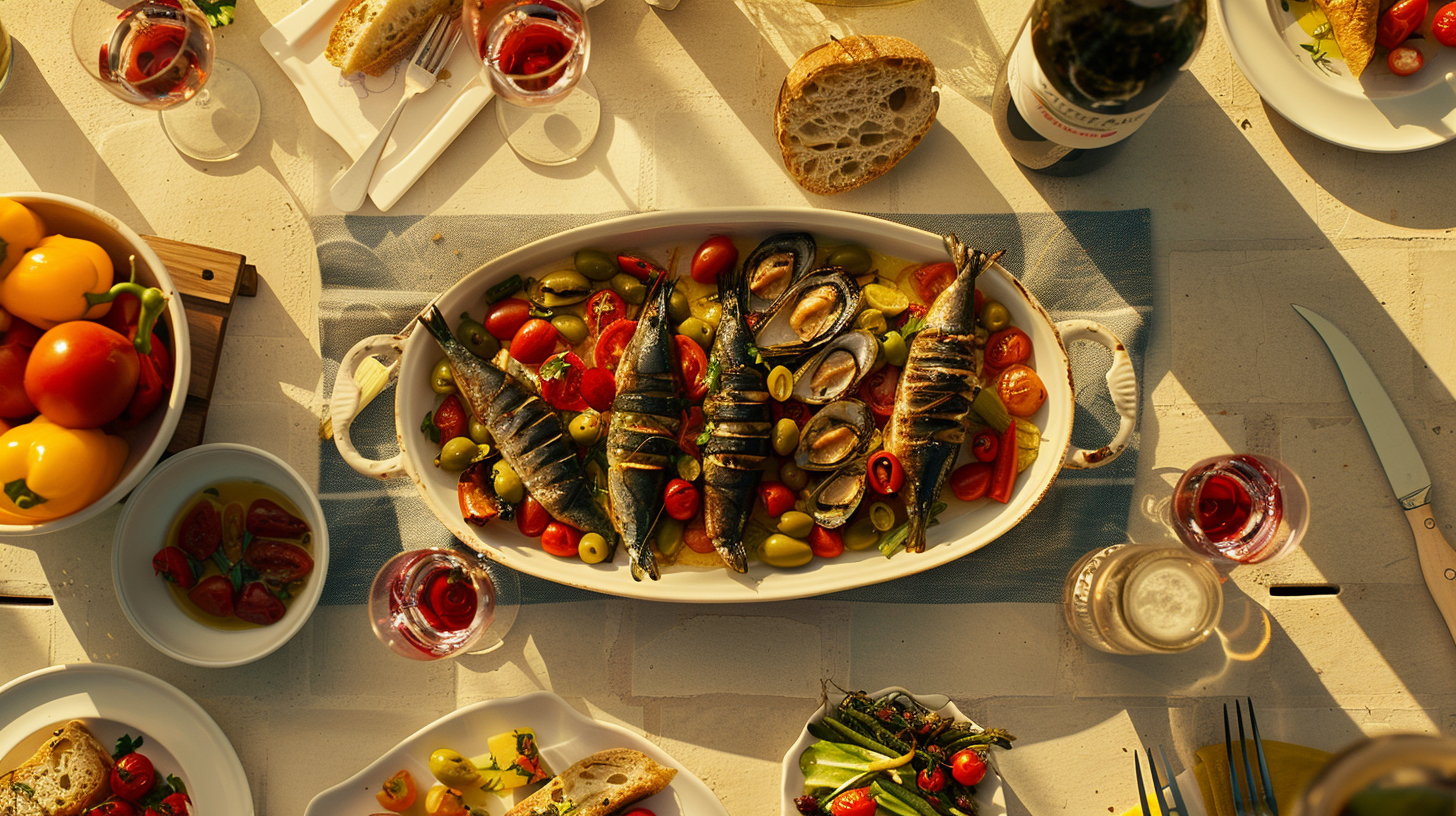 The table is full of food, the sun is shining, and the atmosphere is warm and cozy.