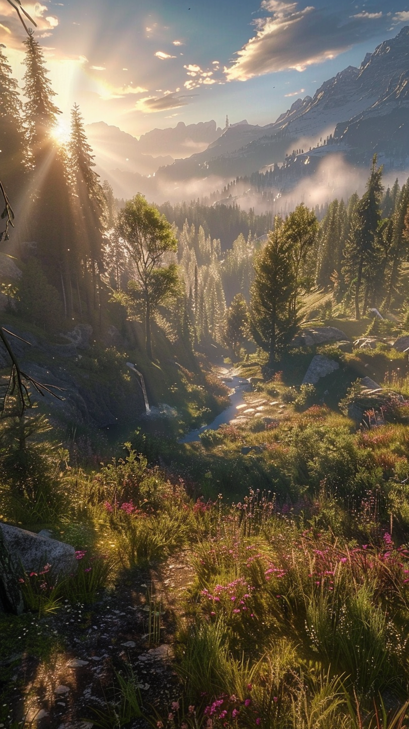 Meandering streams and trees, wild flowers reflect the mountains, and clouds add light to the peace.