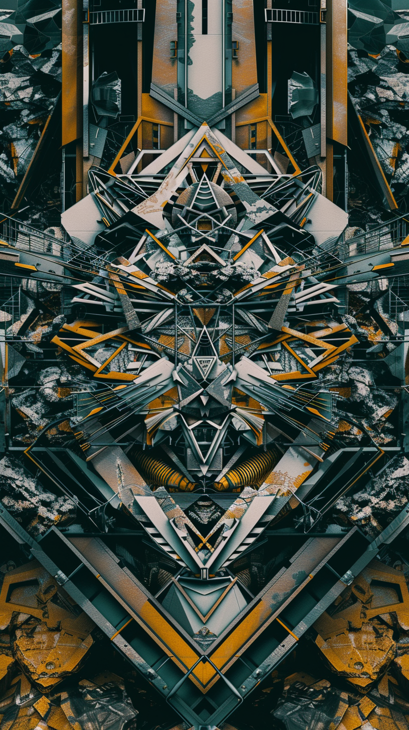This picture: the symmetrical structure is interwoven with yellow gray and black, forming a complex geometric abstract beauty.