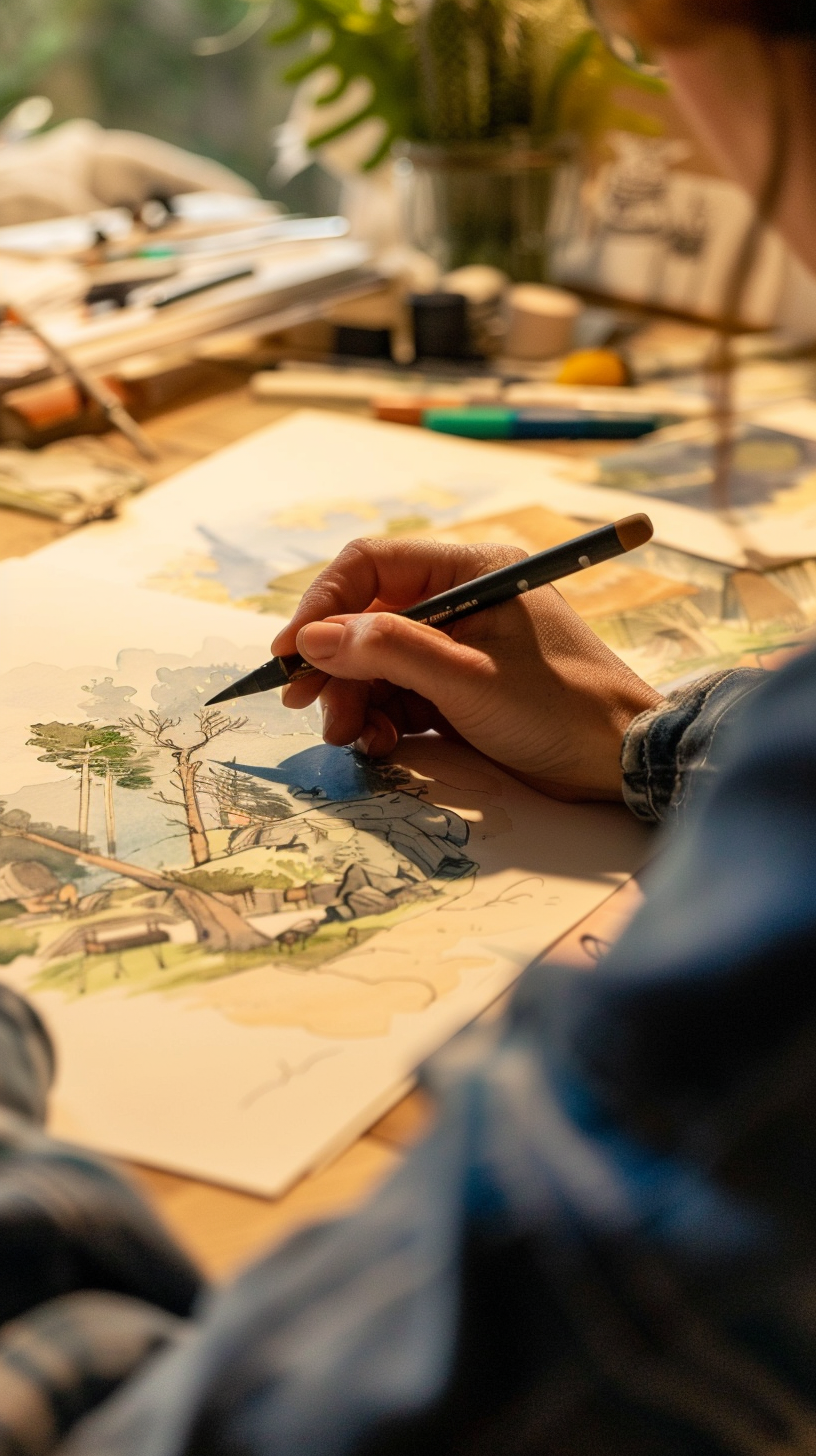 The artist holds a pencil and focuses on painting. Drawing tools are scattered on the table. The background is full of green.