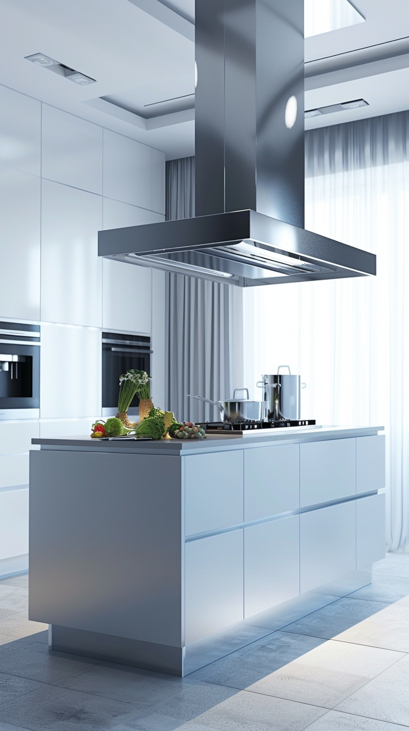 White kitchen, full of fruits and vegetables, simple and bright, modern sense.