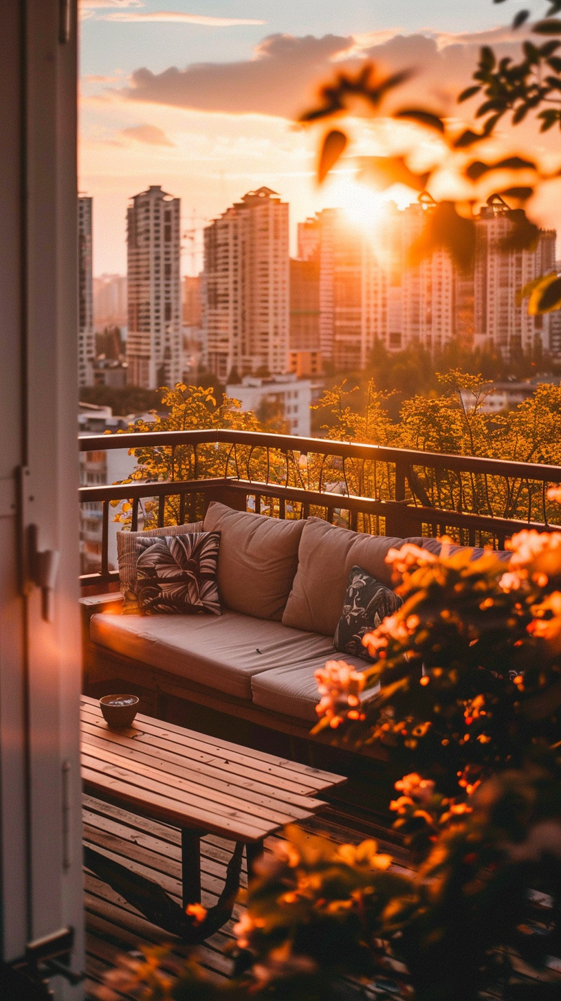 The balcony enjoys the sunset, the bench book cup is accompanied by time, the orange blossom green plants add vitality, and the high-rise sky reflects the evening light.