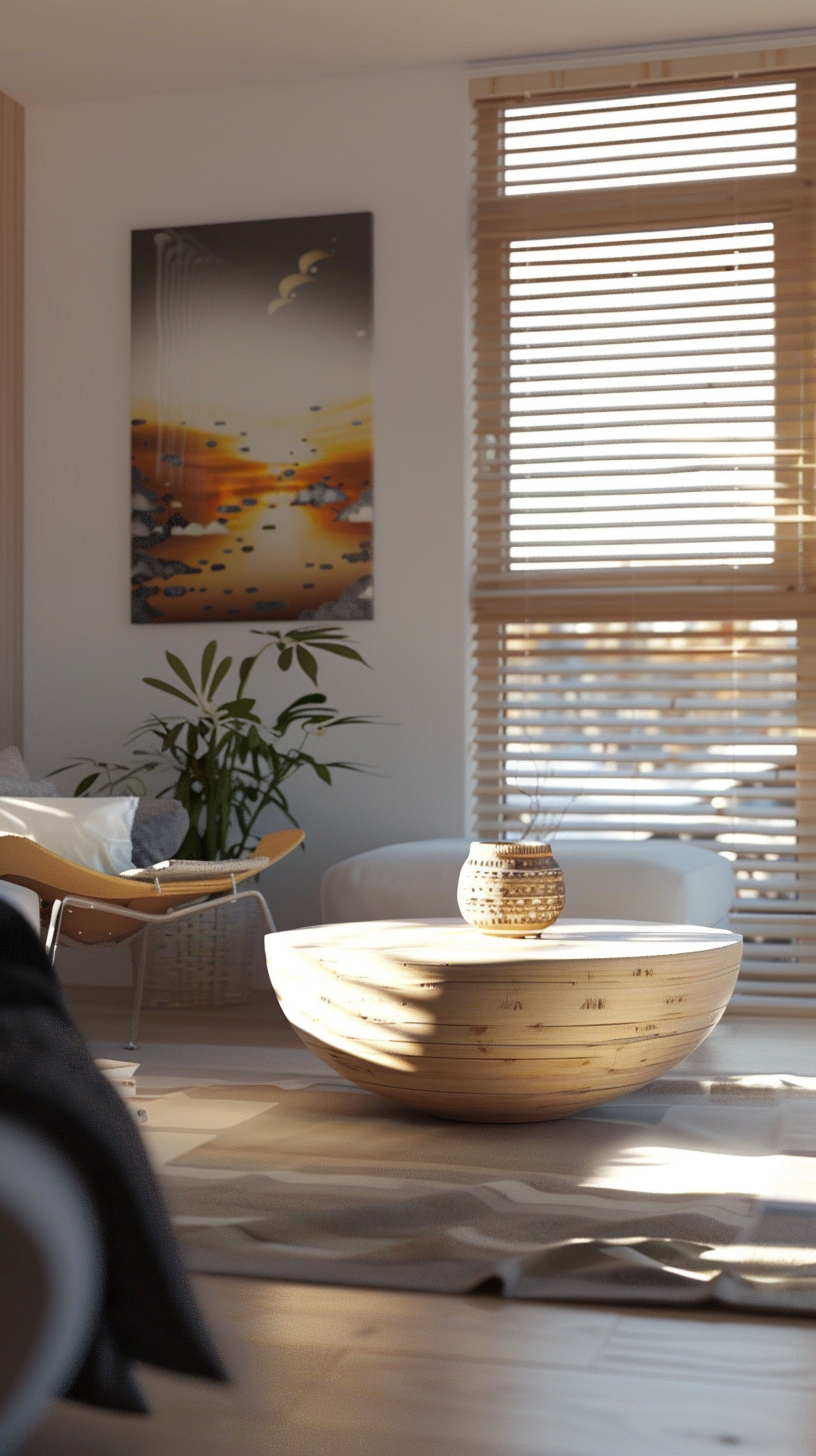 Simple modern room, light and shadow mottled window mullion, art embellishments show elegance.