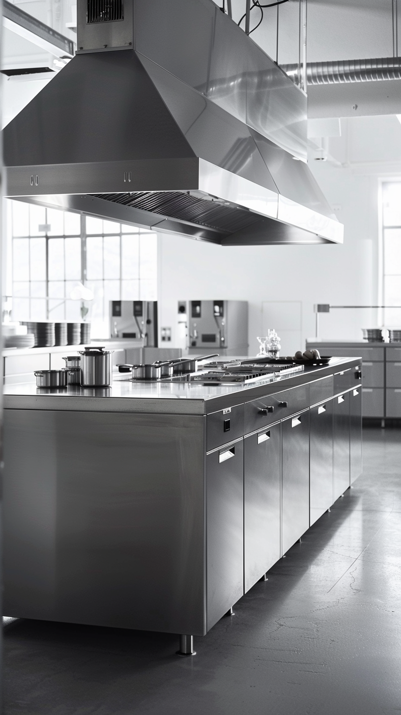 Modern kitchen, simple and bright, well equipped, clean environment.