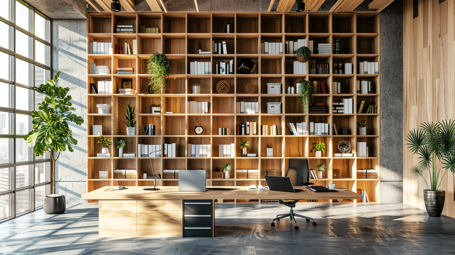 The indoor light is bright, modern office facilities are complete, green plants are interspersed among them, and the atmosphere is warm and professional.