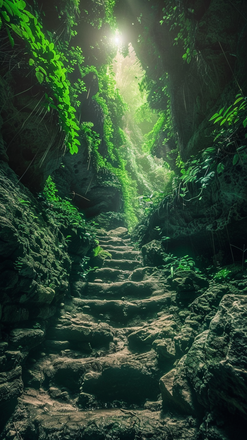 The winding path is covered with green, the sun is shining, and the moss is surrounded by ancient charm, making it quiet and mysterious.