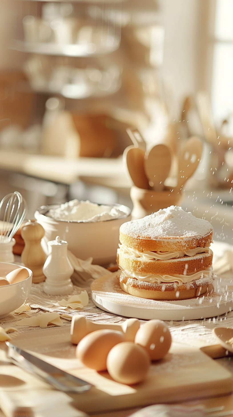 The cake is stacked, powdered sugar is scattered, eggs are scattered, baking supplies are complete, warm and attractive.