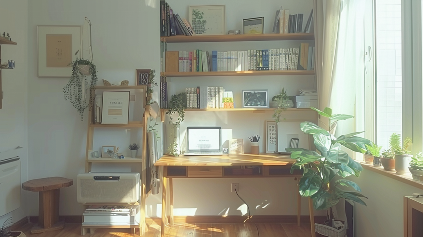 The wooden desk is decorated with green plants, the bookshelves are full of books, and the sunshine fills the quiet space.