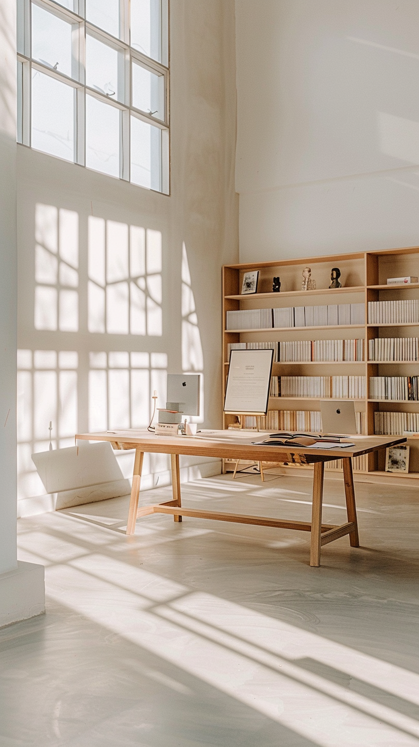 The sunny Windows fill the room, the desks and shelves are neat and orderly, and the space is quiet and elegant and warm.