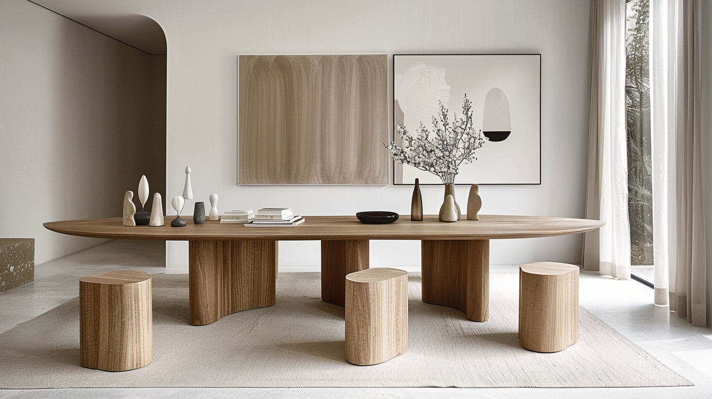 In the modern room, the oval table with a round stool, calligraphy and painting decoration, quiet elegant chic.