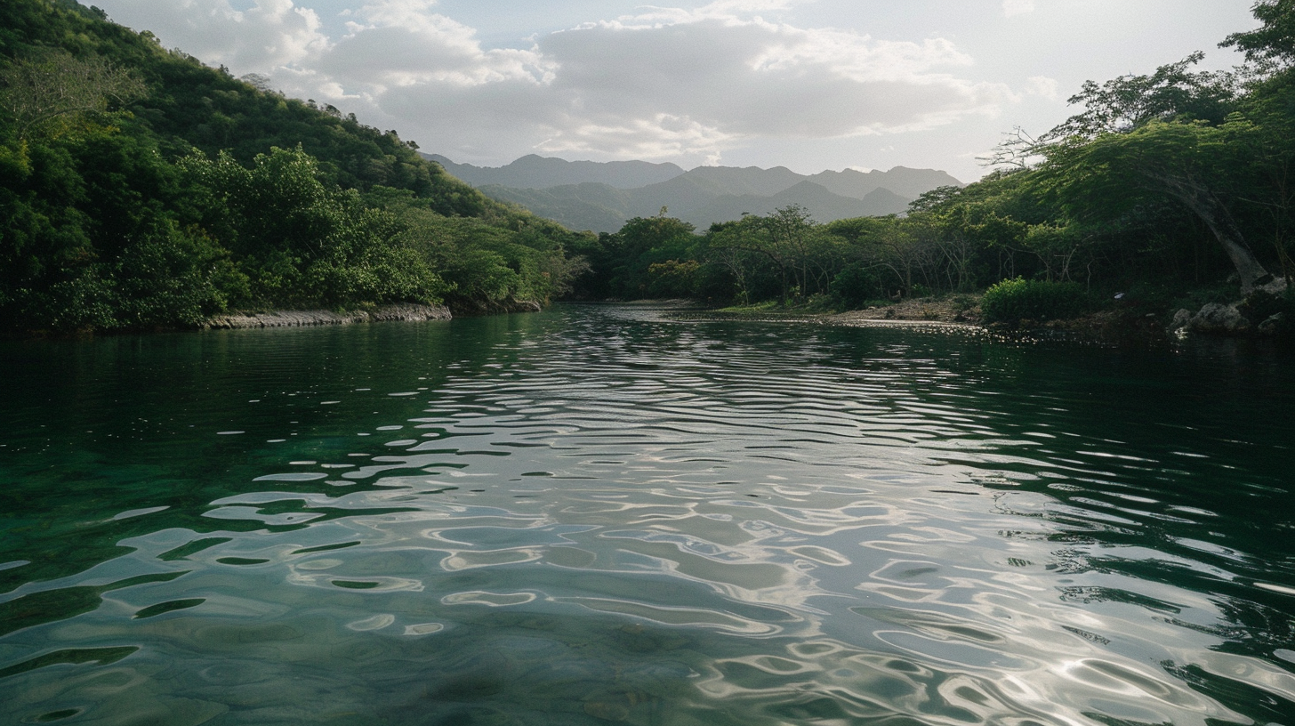 The wide river is still reflecting the green wave, and the distant mountains are surrounded by clouds and mist, and the natural harmony comes into view.