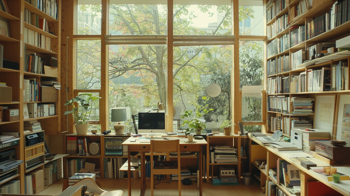 In the spacious study, the shelves are full of books, the green plants are decorated, the desk is clean, and the green outside the window is abundant.
