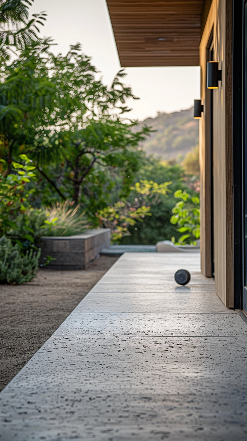 Modern outdoor space, grey walkways, black balls resting, distant mountains full of green.
