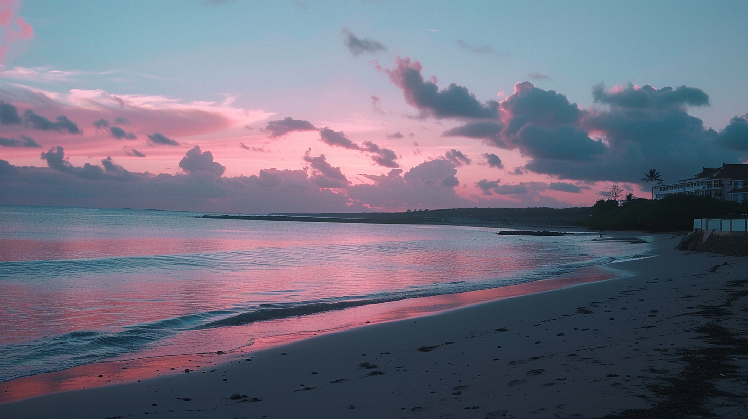 The sun was setting over the sea, and the beach was quiet and deserted, with buildings looming in the distance.
