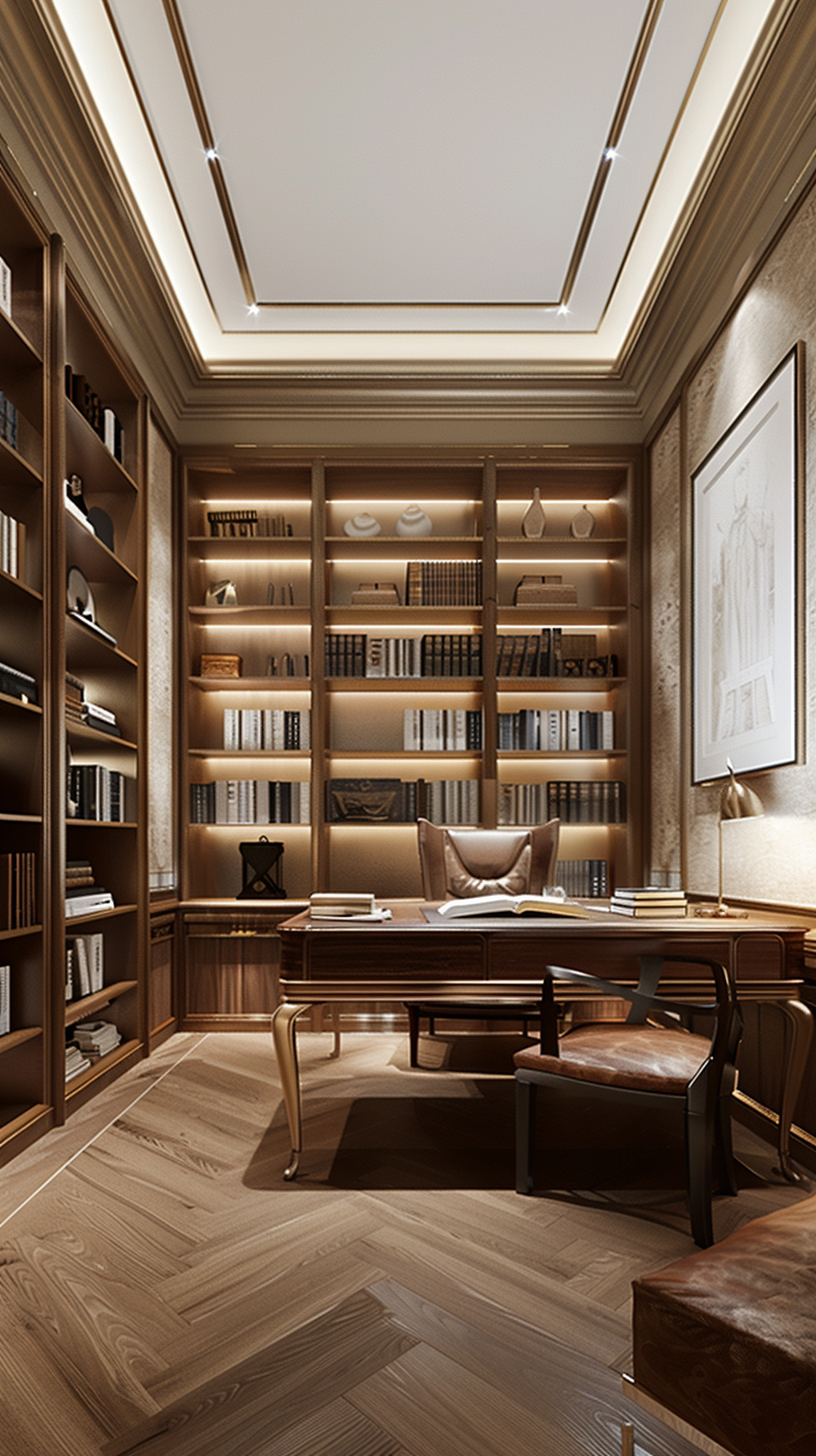 Luxurious wooden study, full of books, desk pen and electricity, soft warm and quiet light and shadow.