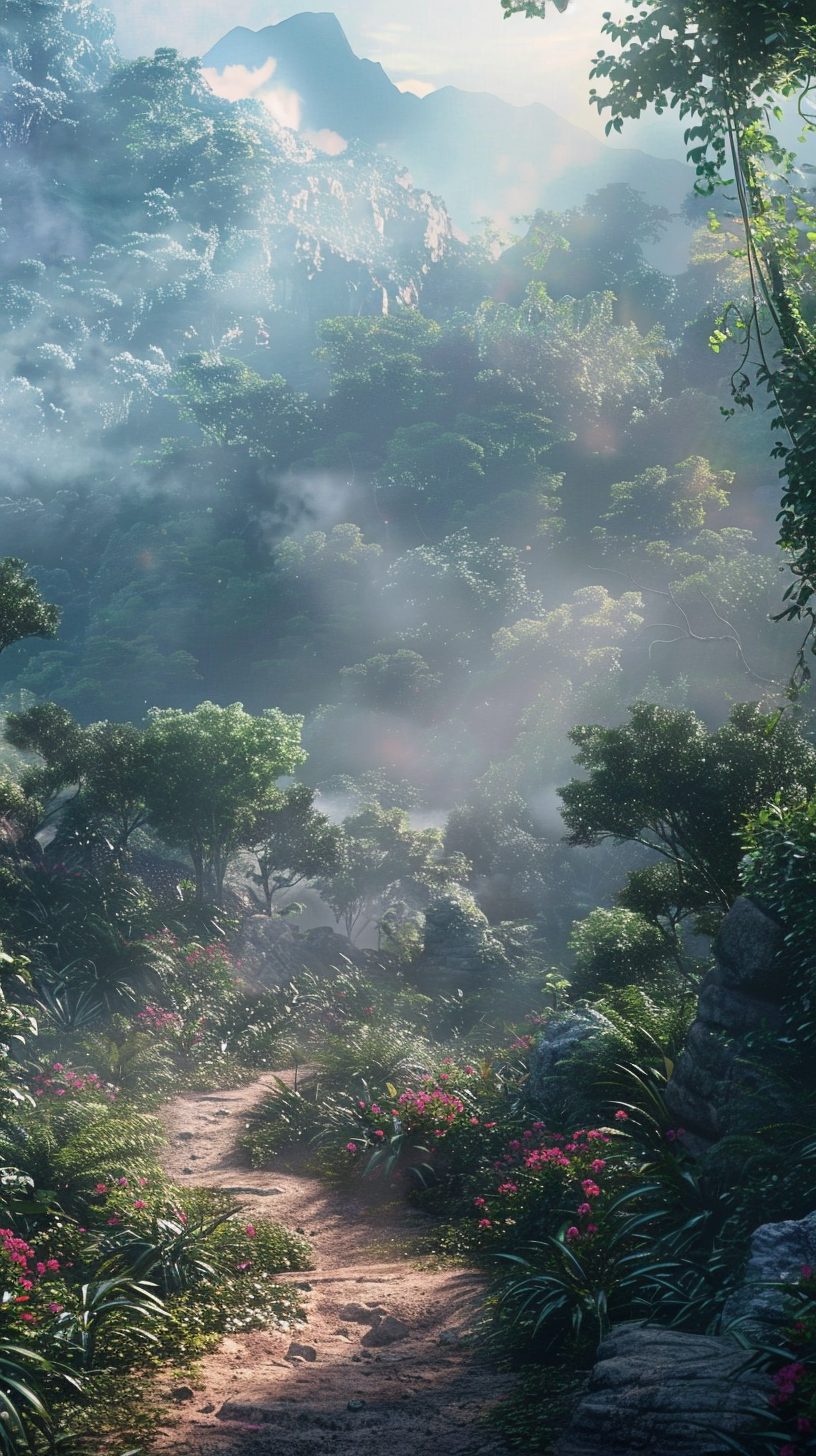 The winding rainforest trail is lined with lush vegetation and the sun shines through the clouds.