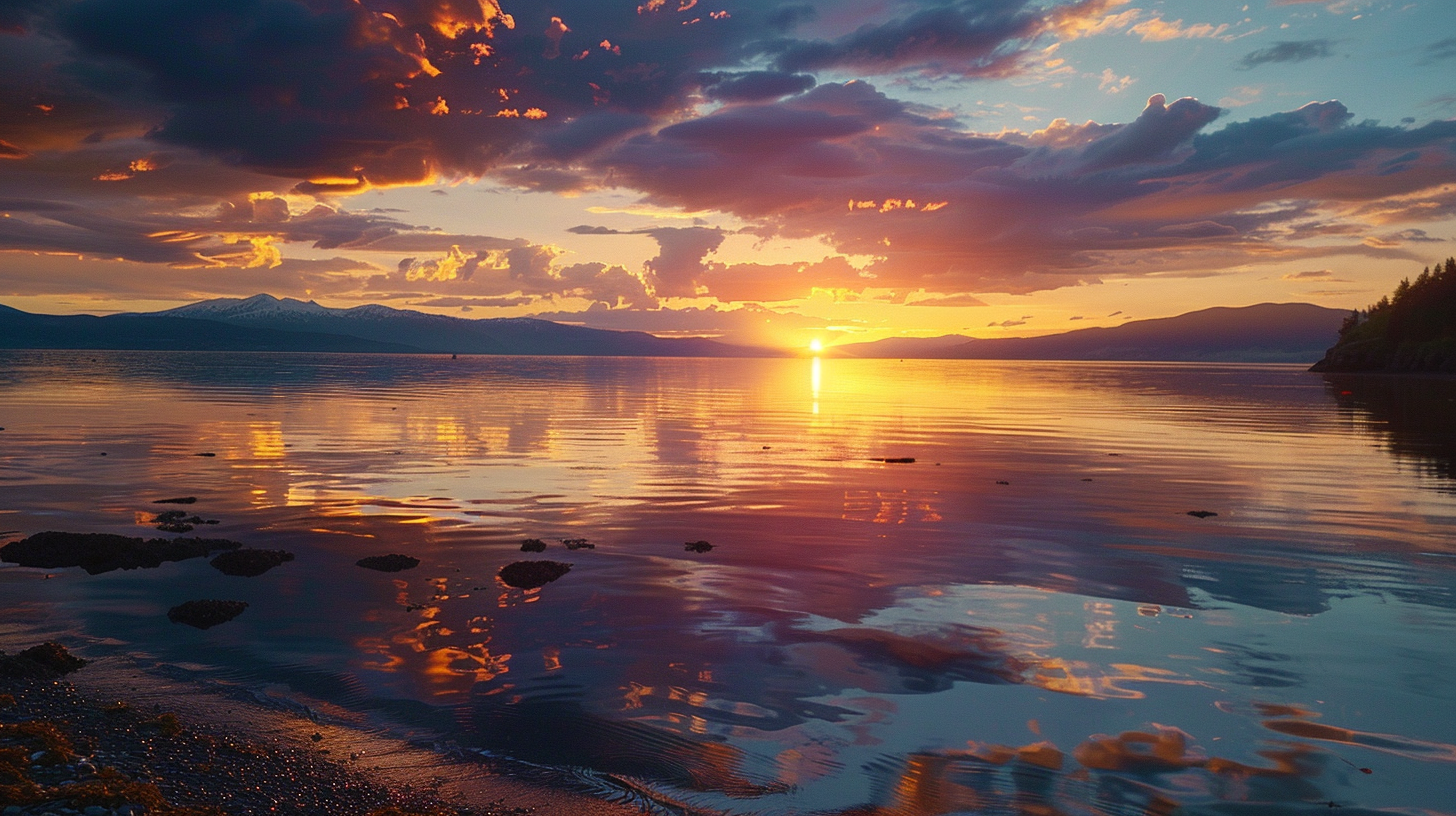 The sunset reflects the waves, the distant mountains are quiet and the trees shadow, the beautiful scenery is picturesque and the heart is happy.
